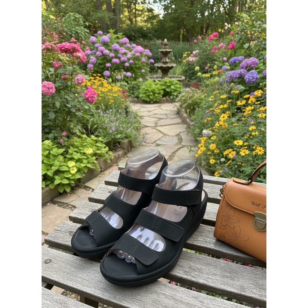 Clarks Collection Black Arla Glison Wedge Sandals Triple Strap Cloudsteppers
